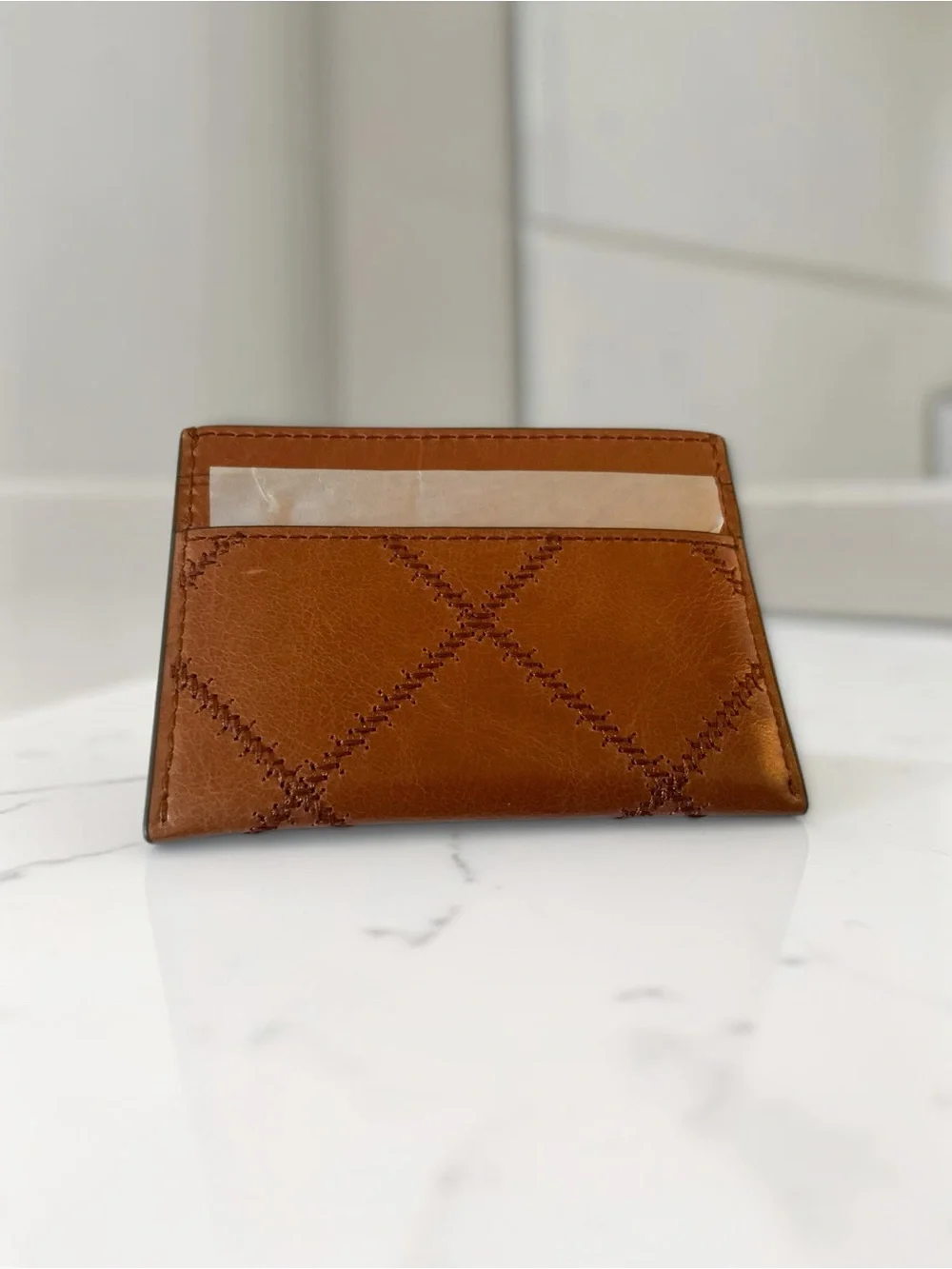 TORY BURCH KIRA DIAMOND QUILT CARD CASE W/DUST BAG DARK WHISKEY NWT